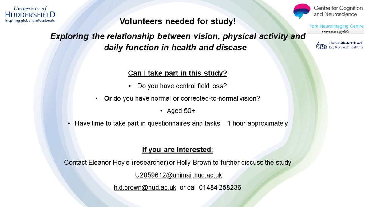 Participants needed! We are recruiting for a study led by my MSc project student Ellie @HuddersfieldUni @CCN_Hudd We are particularly keen to hear from anyone local to Huddersfield who is: - over 50 - has some form of central vision loss (1/3)
