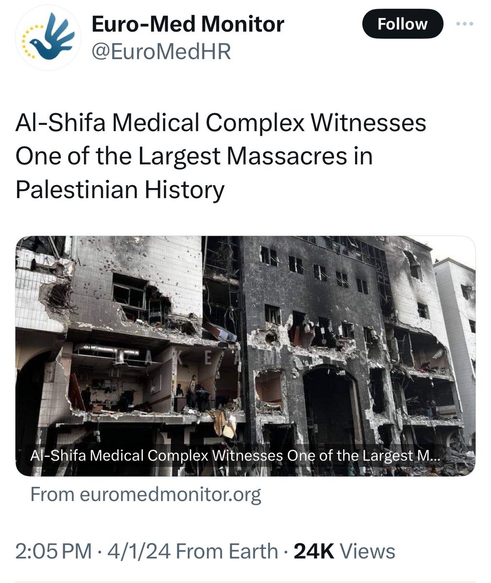 QasimRashid's tweet photo. These 4 events are within 24 hours of each other:
•Israel destroys al-Shifa hospital, kills 300 Palestinians
•Israel bombs World Central Kitchen, kills 7 aid workers
•Israel bombs Iranian Embassy in Syria, kills 13
•White House to green light $18B in arms to Israel

HORRIFIC. https://t.co/71eBnDHNtN