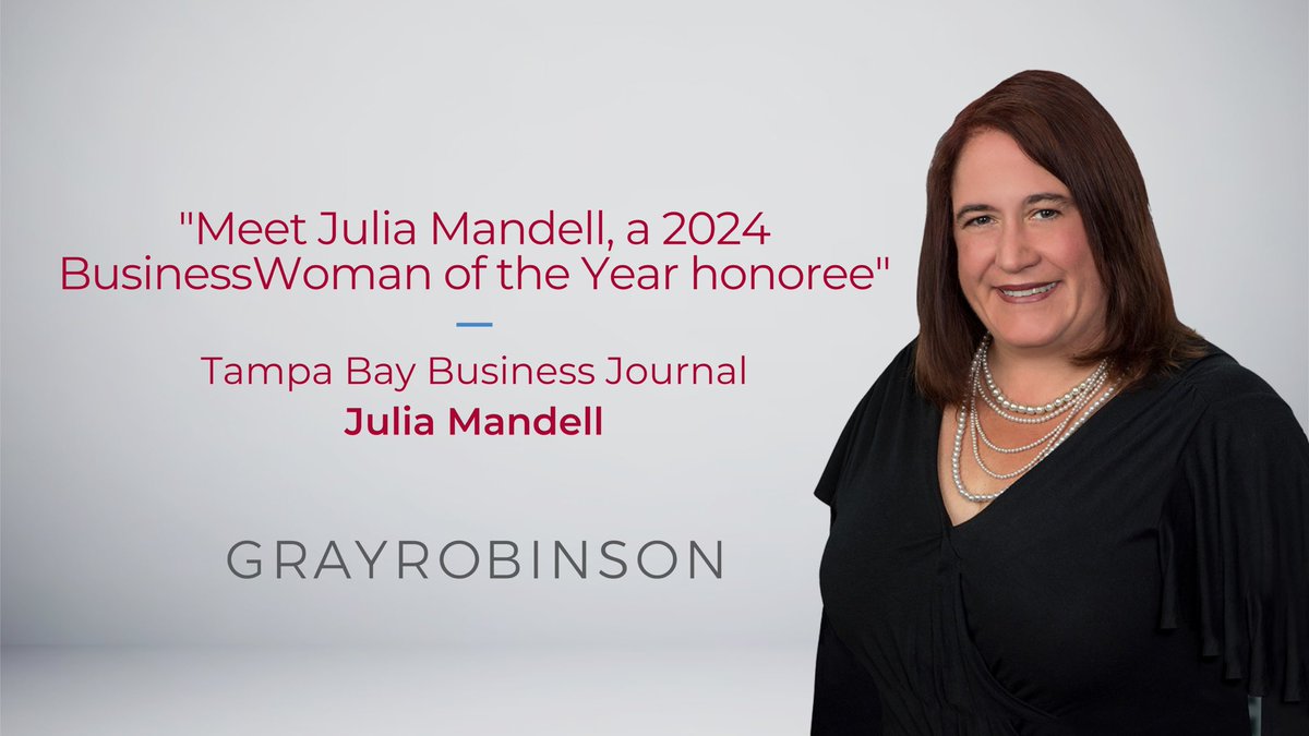 Join us in congratulating #GRAttorney Julia Mandell for being recognized by @TBBJnewsroom as a 2024 #BusinessWoman of the Year honoree! bizjournals.com/tampabay/news/…

#TBBJ #Tampa #WomenInBusiness #LandUse #RealEstate #TampaBay