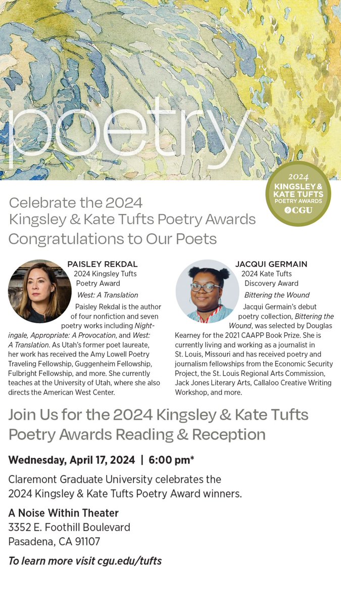 Join us for an inspiring evening at the 2024 Kingsley & Kate Tufts Poetry Awards Reading & Reception. 🗓️ Date: April 17, 2024 🕕 Time: 6:00 pm – 8:00 pm 📍 Location: A Noise Within Theatre, 3352 E Foothill Blvd, Pasadena, CA 91107 Experience the remarkable works of this year's…