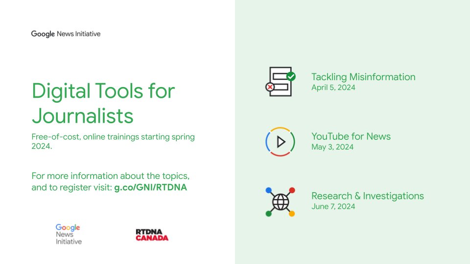 Interested in the latest tools and tips to source and track misinformation? Members are invited to attend a FREE webinar from Google News Initiative this Friday, April 5th starting at 12:00 ET. Learn about RTDNA's upcoming webinars and register now here: rtdnacanada.com/webinars/