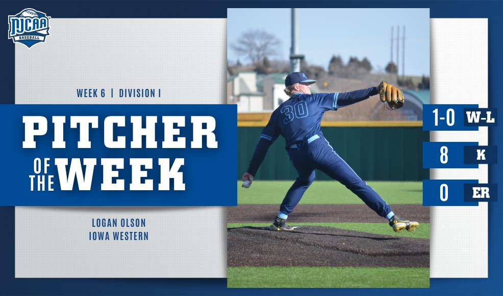 Straight Gas ⛽️ Allowing only ☝️ hit while striking out 8⃣ batters, @GoReivers' Logan Olson is the #NJCAABaseball DI Pitcher of the Week! 💪 #NJCAAPOTW