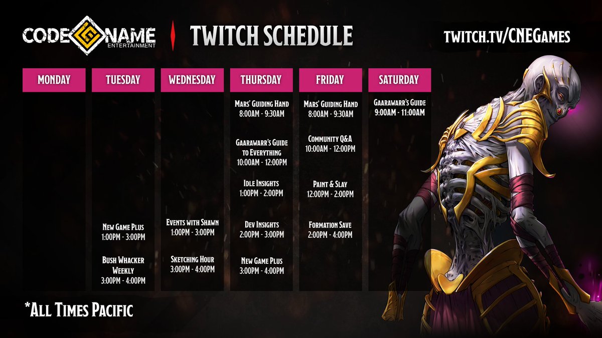 Here is our schedule for the week! Twitch.tv/CNEGames is the place to be!
