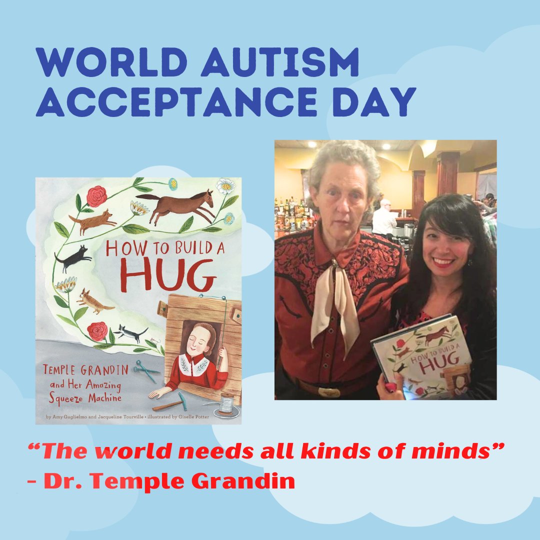 April is #AutismAcceptanceMonth! April 2nd is World #AutismAcceptanceDay! “The world needs all kinds of minds.” #templegrandin HOW TO BUILD A HUG is the story of a great #womeninstem @DrTempleGrandin from @SimonKIDS @jatourville illos by Giselle Potter #STEAM