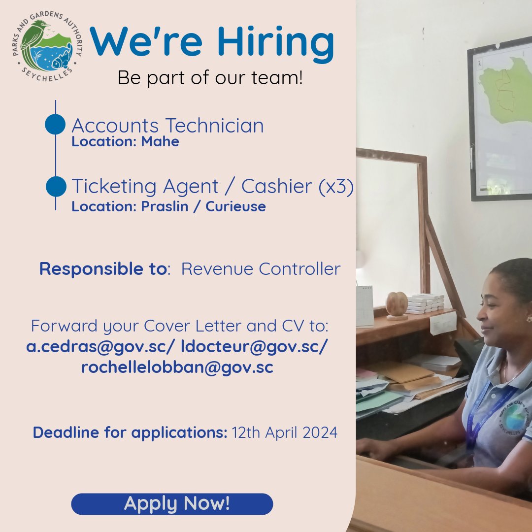 Join our team!

We're hiring:
-Accounts Technician
-Ticketing Agent / Cashier

Closing date: 12th April 2024
For additional details visit shorturl.at/twKT5