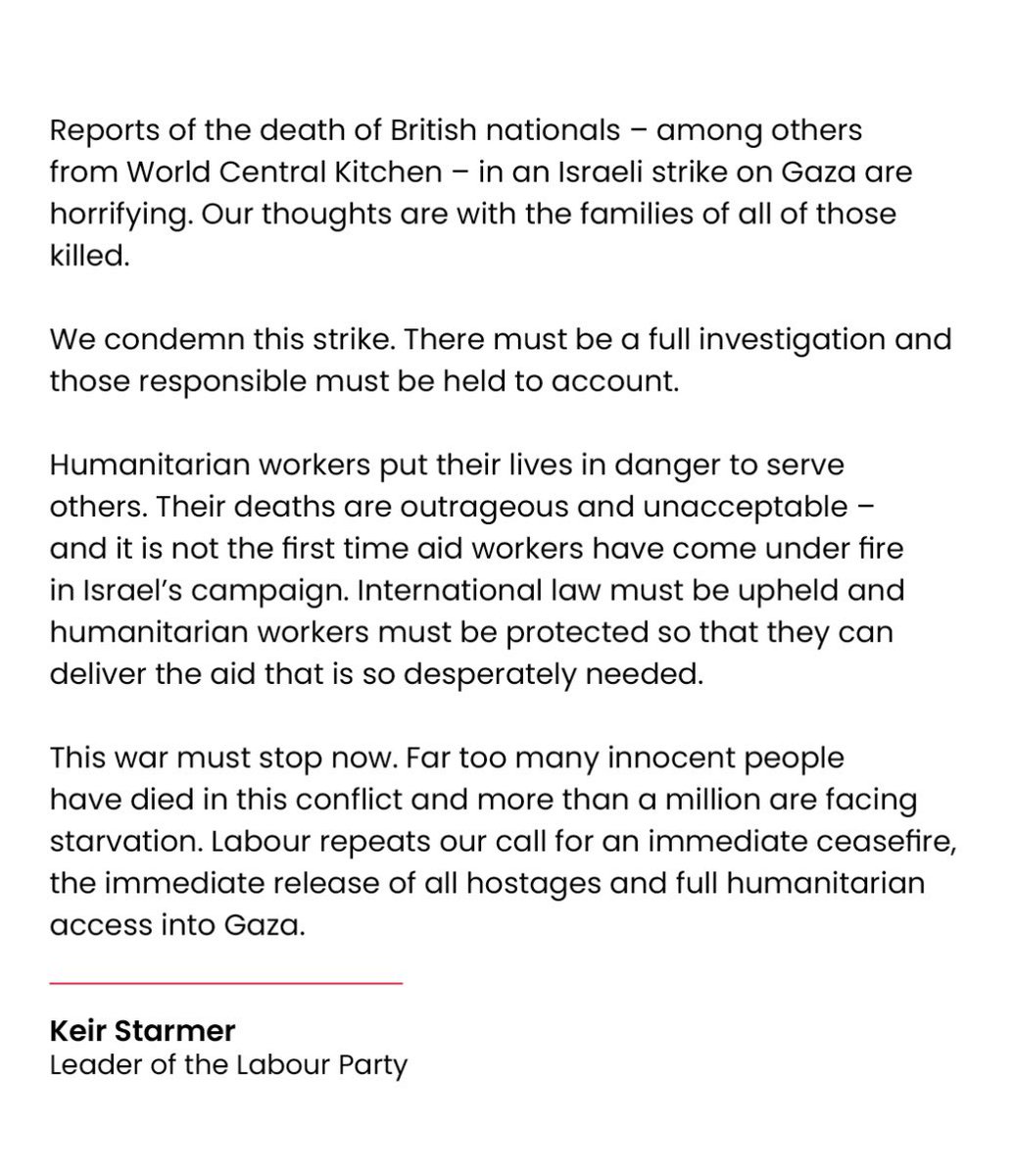 The deaths of British Aid Workers in an Israeli air strike are terrible. Humanitarian workers must be protected and international law must be upheld. There has to be an immediate ceasefire, all hostages have to be released, and humanitarian aid must be delivered to all of Gaza.