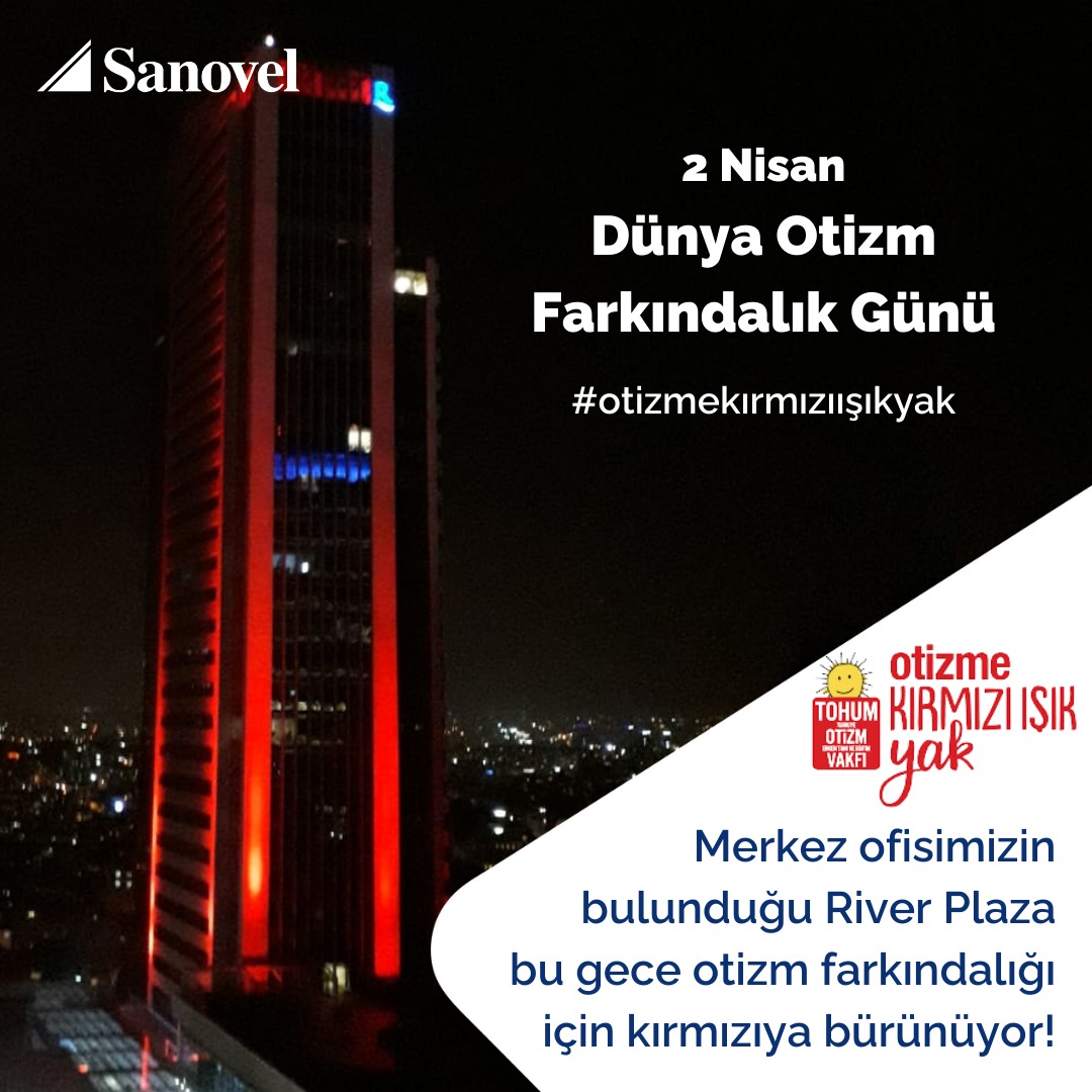 Sanovel olarak merkez ofisimizin bulunduğu River Plaza’yı bu gece otizm farkındalığı için kırmızıyla ışıklandırıyoruz. Dünya Otizm Farkındalık Günü’de farklılıklarımızla birlikte daha güçlüyüz. #otizmekırmızıışıkyak #SanovelFarkı #BirÖmürSağlık #otizm #otizmfarkındalığı