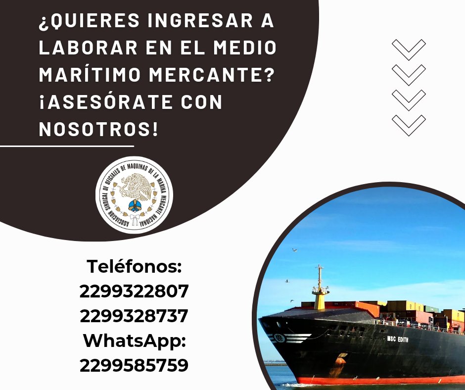 Asesórate con nosotros y conoce más sobre cómo ingresar a laborar en el medio marítimo mercante.
. 
Marca al 229932-28-07 / 229932-87-37 o escríbenos hoy al 2299585759.
.
#asommmn #asociacionsindical #oficialdemaquinas #marinamercante #marinomercante #veracruzmercante