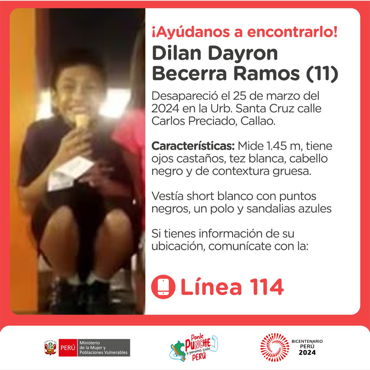 ¡Ayúdanos a encontrarlos! Vanessa y Dilan desaparecieron el 25 de marzo en la urbanización Santa Cruz, en el Callao. Si tienes alguna información sobre su ubicación, por favor llama a la ☎️ #Línea114.