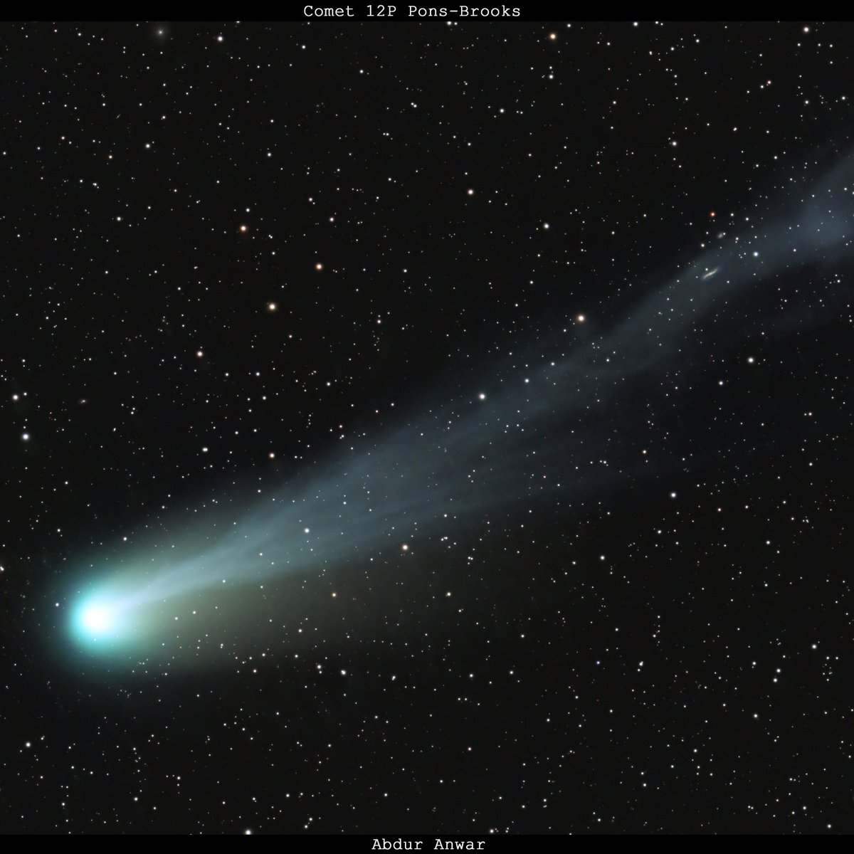 Discovered in 1812, comet 12P/Pons-Brooks has an orbital period of 71 years. More details at AbdurAstro on Insta/FB/YouTube

C11 EdgeHD Hyperstar V3 (560mm)
Skywatcher EQ6R
ASI2600MC Duo (no filters)
Total integration time: 24 mins total
#comet #comet12p #astrophotography