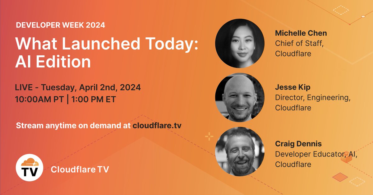 It's AI packed edition of What Launched Today. The #DeveloperWeek team will discuss AI model fine tuning, bringing #Python to Cloudflare workers, and more! Tune In and Geek Out >> cloudflare.tv/shows/develope… #CloudflareTV #ArtificialIntelligence #AI @CloudflareDev @CraigsDennis