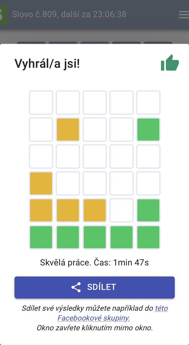 tony_ver2's tweet photo. @IvarZhK Dobře Vy! Já dnes hůře. Byť lépe, než jiní 😜

https://t.co/yI1TkoyNlG den 809. [6/6]

⬜⬜⬜⬜⬜
⬜🟨⬜⬜🟩
⬜⬜⬜⬜⬜
🟨⬜⬜⬜⬜
🟨🟨🟨⬜🟩
🟩🟩🟩🟩🟩
#hadejSlova #den809 #krok6
Čas: 1min 47s https://t.co/bzWMm3jl7b