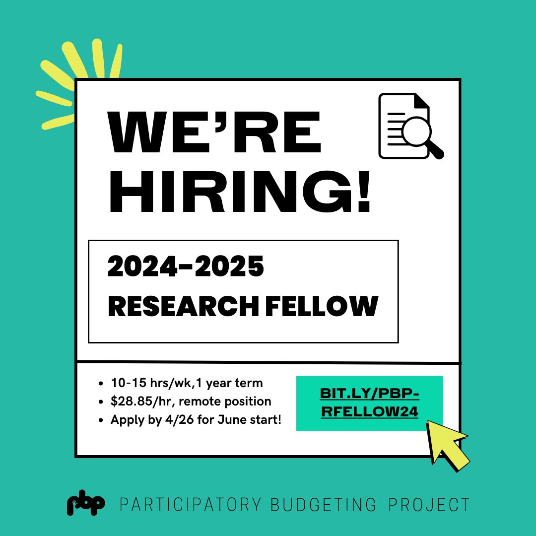 Are you our next Research Fellow? 👀 Apply to support our research on #participatorydemocracy + conduct your own abt #participatorybudgeting and #democracy in action. ⭐️PT 1 yr remote position ⭐️$28.85/hr pay ⭐️Apply by 4/26 Learn more and apply: bit.ly/PBP-RFellow24