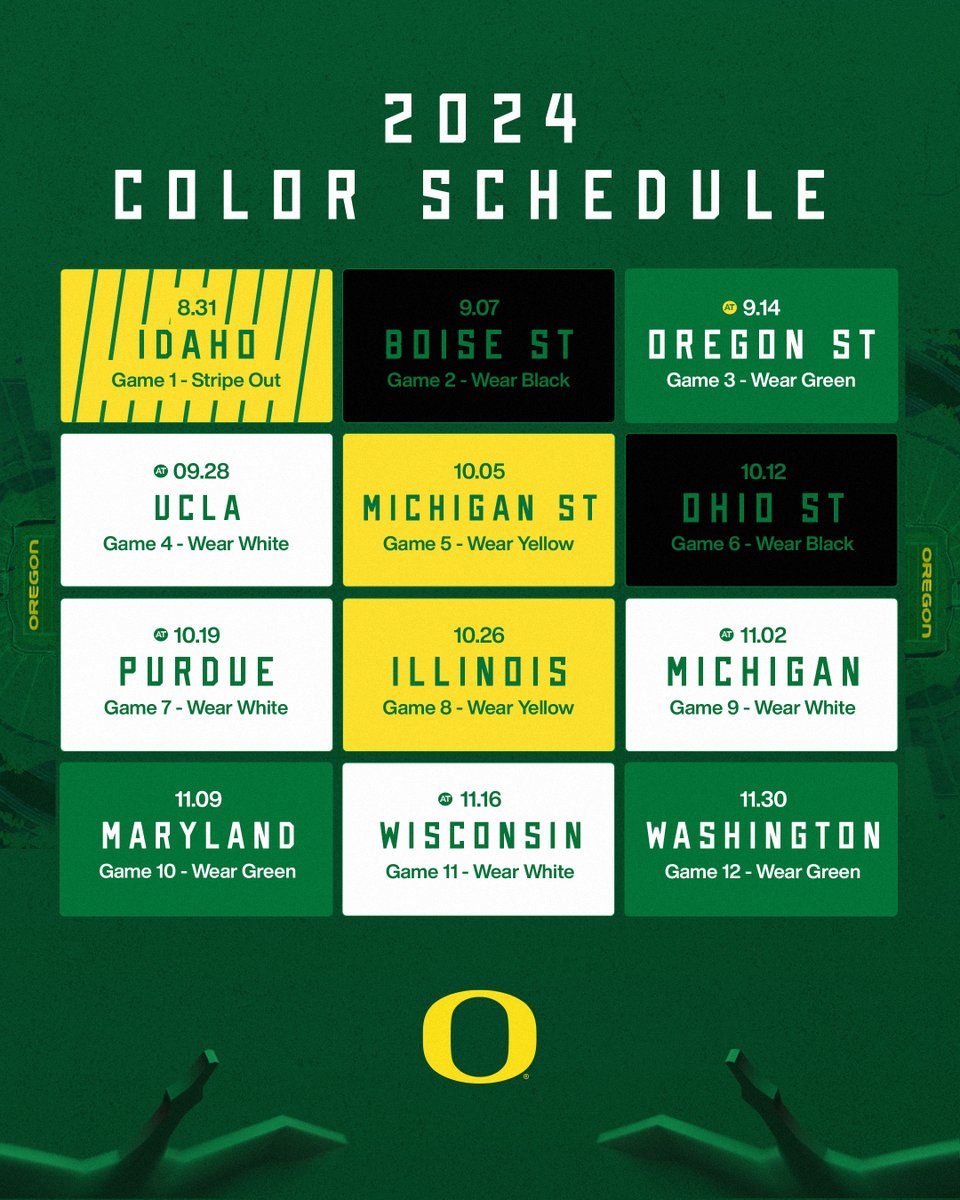 Color coded. The 2024 @oregonfootball color schedule is here. #GoDucks