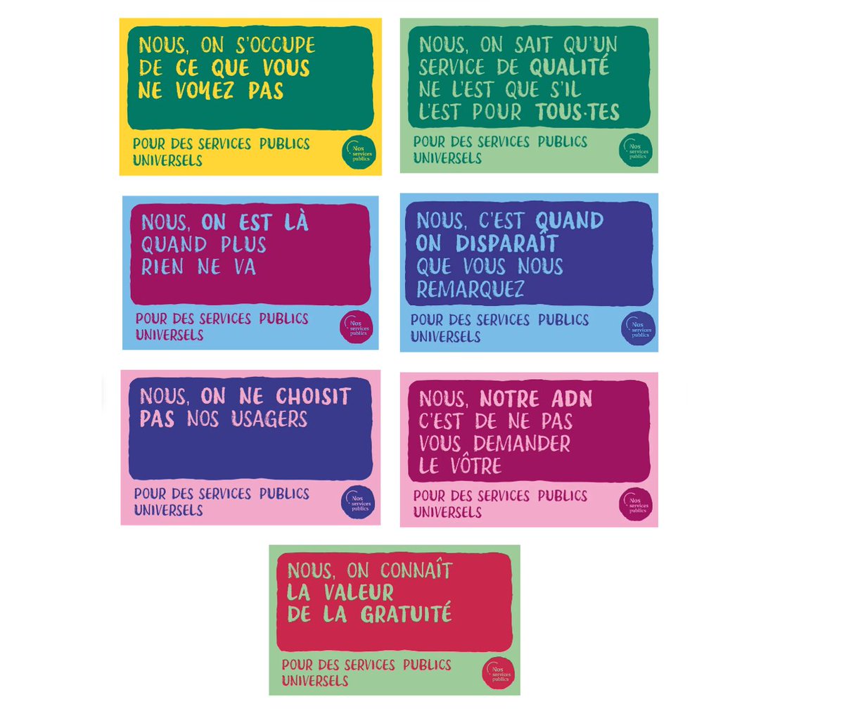 Dans le cadre du Printemps des services publics, nous avons créé de magnifiques autocollants pour défendre notre vision des services publics universels !

Vous pouvez vous les procurer ici : helloasso.com/associations/n… et soutenir ainsi le collectif 🌱