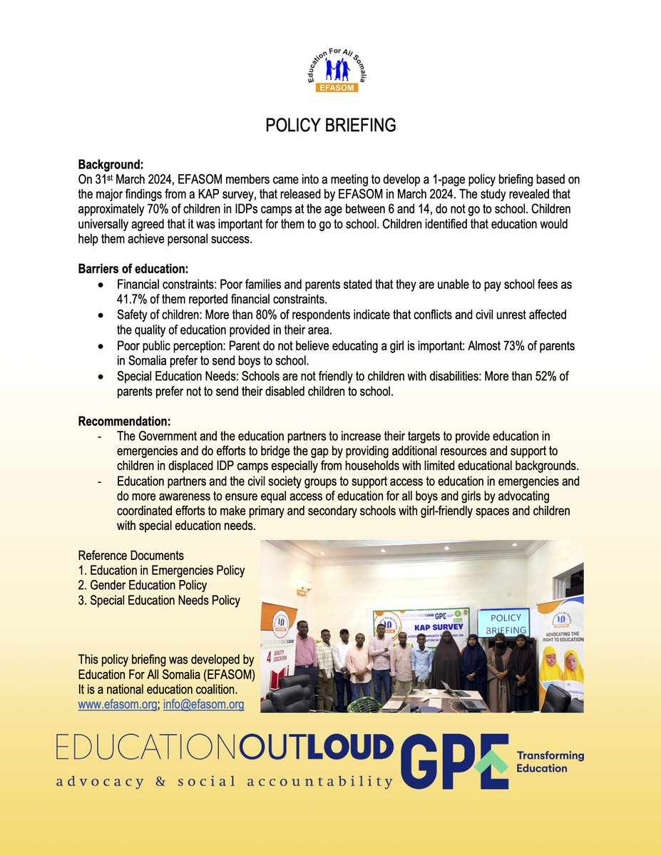 POLICY BRIEFING On 31st March 2024, EFASOM members came into a meeting to develop a 1-page policy briefing based on a KAP survey, by EFASOM in March 2024. The study revealed that almost 70% of children in IDPs camps at the age between 6 and 14, do not go to school.