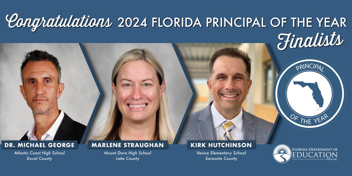 Congratulations 2024 Florida Principal of the Year FINALISTS! Today we celebrate your leadership and the positive impact you have on your schools and communities! Dr. Michael George, @duvalschools Marlene Straughan, @lakeschools Kirk Hutchinson, @sarasotaschools