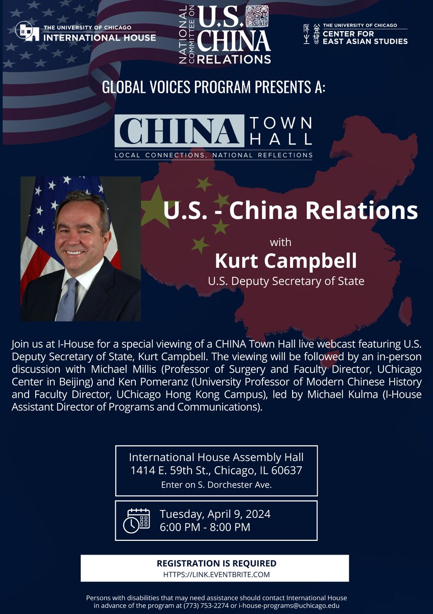 4/9 Join @IHouse_Chicago, @UChicagoCEAS , and @NCUSCR for a LIVE webcast ft. U.S. Deputy Secretary of State, Kurt Campbell, followed by in-person discussion w/UC Beijing Center Faculty Director, Michael Millis, @UChicagoHistory's Kenneth Pomeranz, and I-House's Michael Kulma
