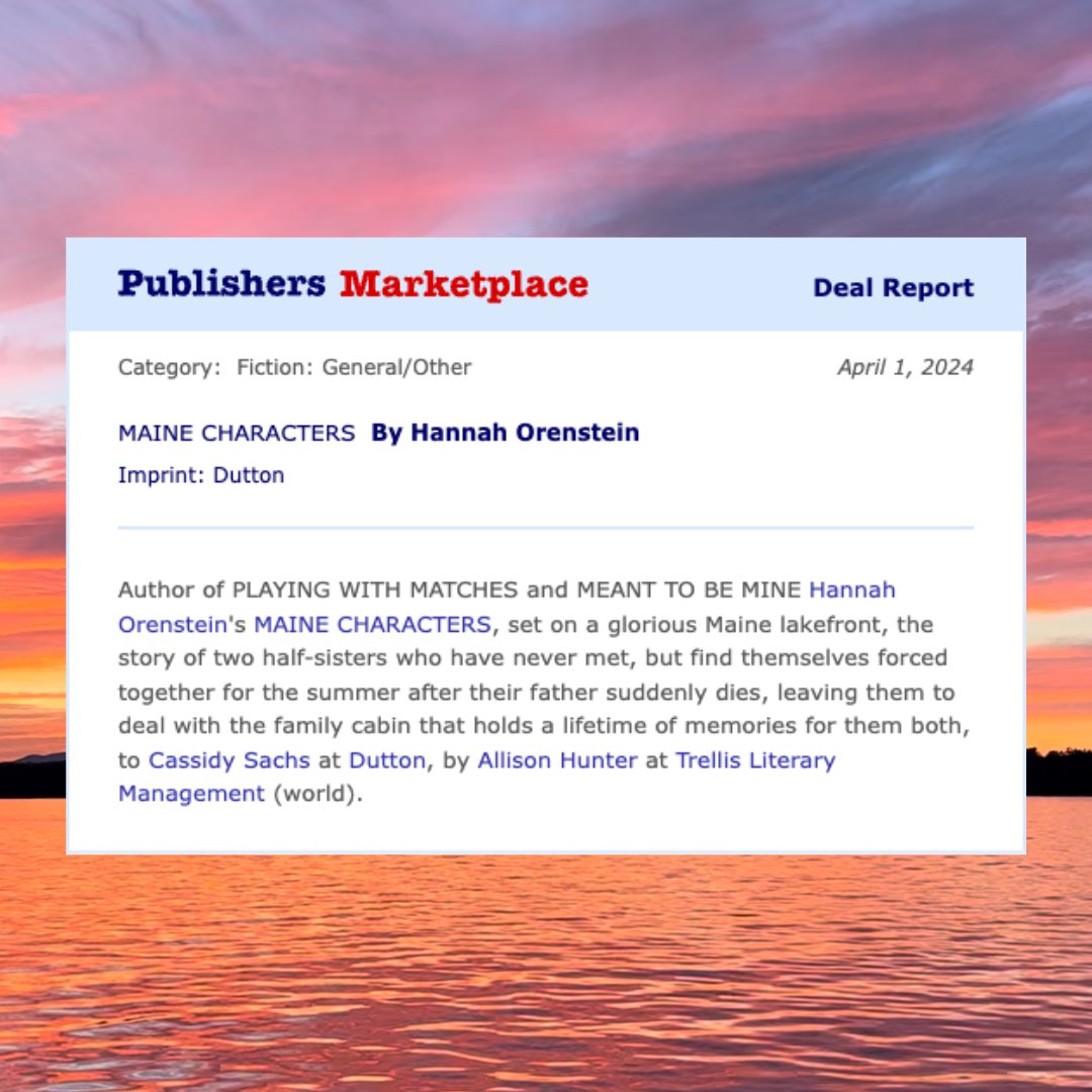 Hannah Orenstein (@hannahorens) on Twitter photo Coming next spring from <a href="/DuttonBooks/">Dutton Books</a>! I couldn't find the book I wanted to read, so I wrote it. MAINE CHARACTERS is my love letter to lake life. The vibe:
🌅 rustic New England scenery
🌲The Parent Trap, all grown up
🦞 lobster with Chardonnay
⛵️ boats, barbecues, bonfires Coming next spring from <a href="/DuttonBooks/">Dutton Books</a>! I couldn't find the book I wanted to read, so I wrote it. MAINE CHARACTERS is my love letter to lake life. The vibe:
🌅 rustic New England scenery
🌲The Parent Trap, all grown up
🦞 lobster with Chardonnay
⛵️ boats, barbecues, bonfires