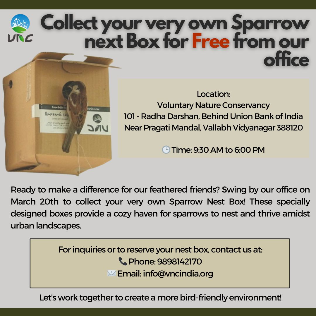 Fly into action and make a difference! Join us to collect your Sparrow Nest Box and create a cozy haven for our feathered friends. Together, let's build a more bird-friendly environment! 🐦
#NestForNaturesGuardians #FeatheredFriends  #Sustainability  #vncusa #VNCindiaofficial