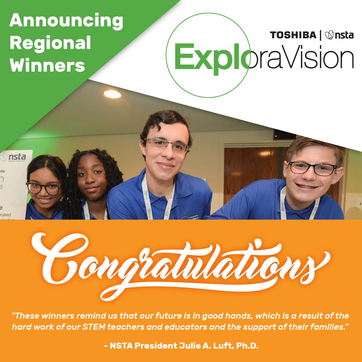 Congratulations to the regional winners of the Toshiba/NSTA ExploraVision competition! Join us in celebrating their achievements in science exploration and inspiring the next generation of STEM leaders. Check out their work here: bit.ly/3TJOTMn