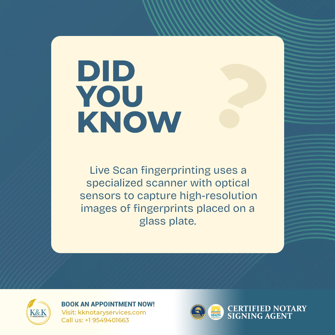 kknotaryservice's tweet image. &quot;Discover the magic behind Live Scan fingerprinting tech! 🖐️ Learn how it digitizes fingerprints effortlessly. Book your appointment at kknotaryservices.com for seamless service. #FingerprintTech #SecureYourIdentity&quot;