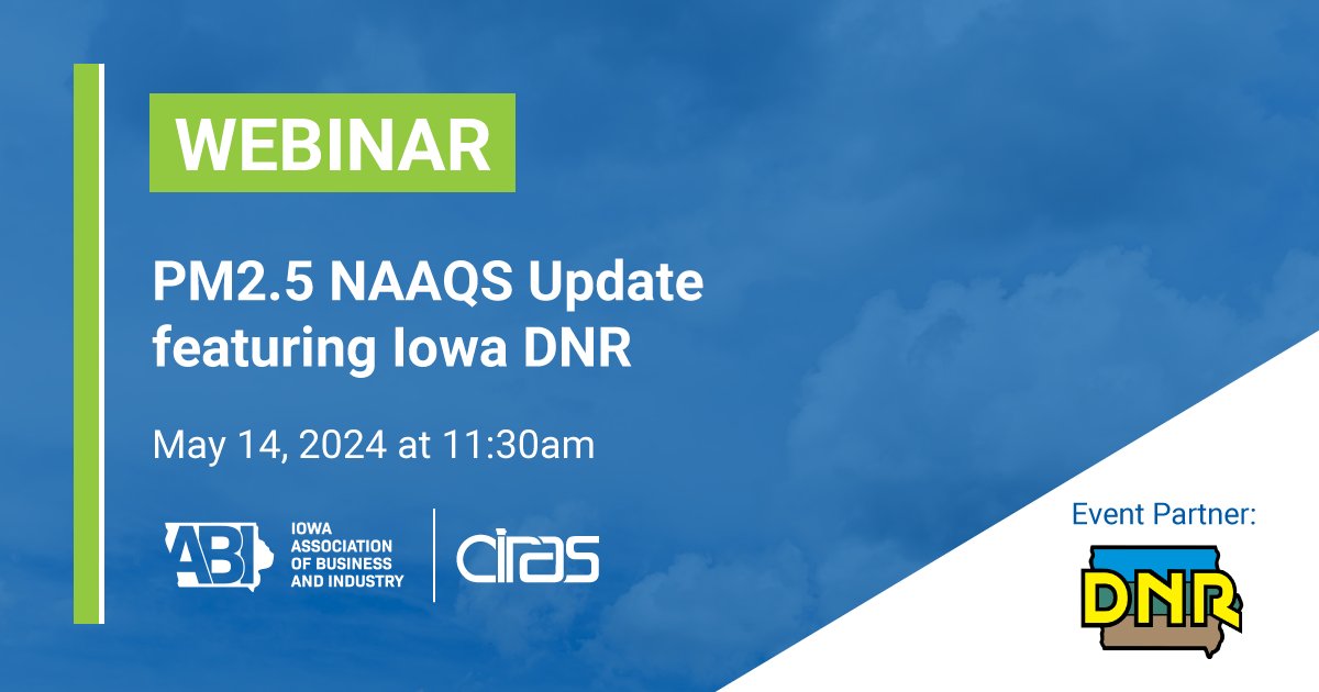 May 14 – Join ABI & @CIRAS_ISU for a virtual discussion about the EPA’s new air quality standard (NAAQS) for PM2.5. The @iowadnr Air Quality Bureau Chief will provide an update on the new standard & its implications for Iowa manufacturers. Register now ➡️ bit.ly/43PIuEb