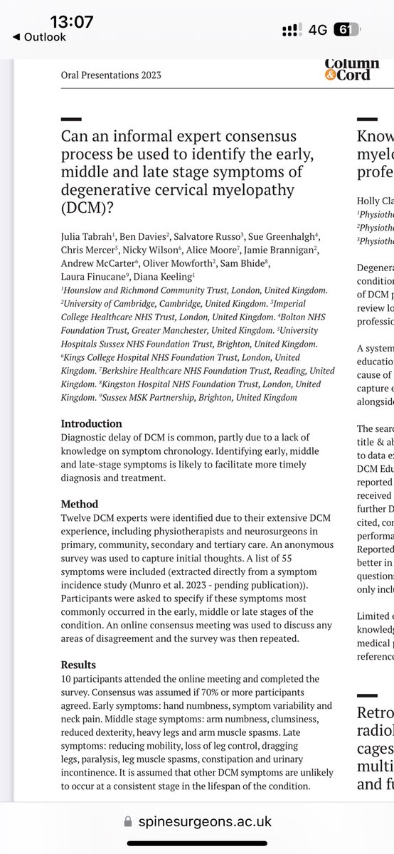 Congratulations <a href="/julia_tabrah/">julia_tabrah</a> and team. 

Lucky to be part of the DCM consensus group. 

Identification of early mid stage and late stage degenerative cervical myelopathy symptoms 

Abstract now published in Journal of the British association of spine surgeons