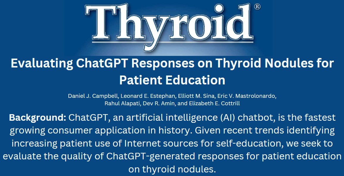Is ChatGPT giving our thyroid patients appropriate information when they ask questions about thyroid disease? Dr. Campbell, Dr. Cottrill and team from @JeffersonUniv answer this question in our new March issue @ThyroidJournal. ow.ly/gFGP50R2jZ8 #medtwitter #ChatGPT