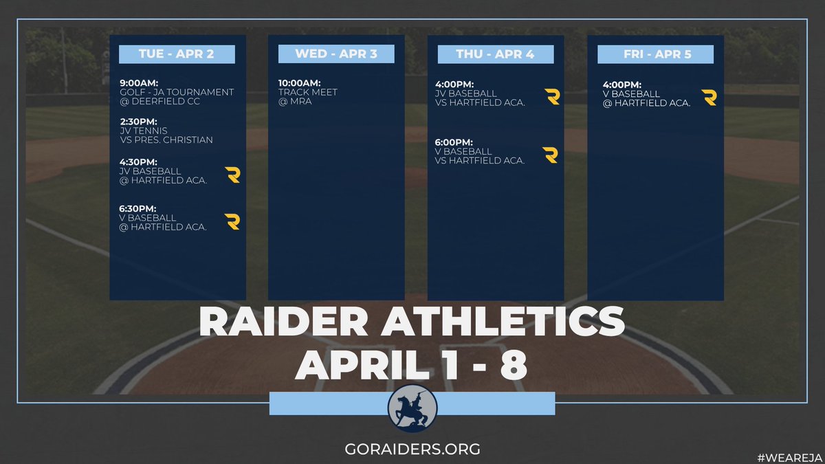 Here is the weekly schedule for all JA athletic events this week (April 1st - 8th). Remember, there is a Gold Raider Network R to show which events will be broadcast on The Raider Network. #WeAreJA