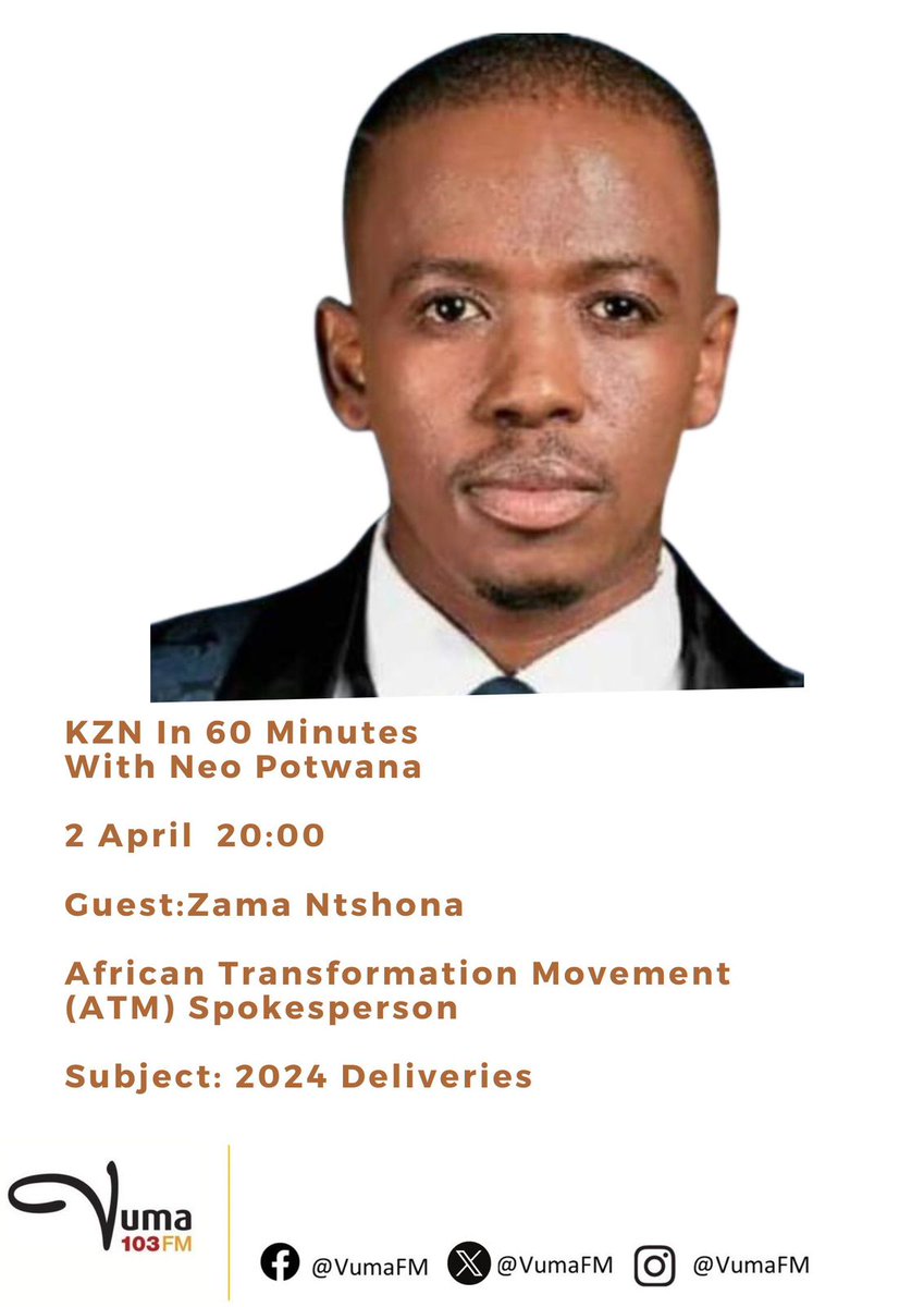 #KznIn60Minutes with @PotwanaNeo 20h00-21h00 Produced by @Zowakha Tonight's Menu! - @ATMovement_SA Spokesperson @ZamaNtshona - #MapisaNqakula #VumaFM Studio: 086 1010 300 VN: 073 709 1991