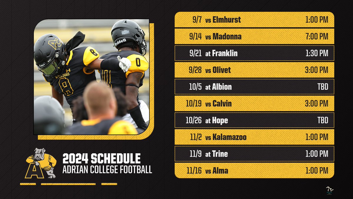 The <a href="/AdrianCollegeFB/">Adrian College Football</a> team has announced its schedule for the upcoming 2024 season featuring six home games

📰tinyurl.com/35s7jmwd

#d3fb #d3football #GDTBAB
