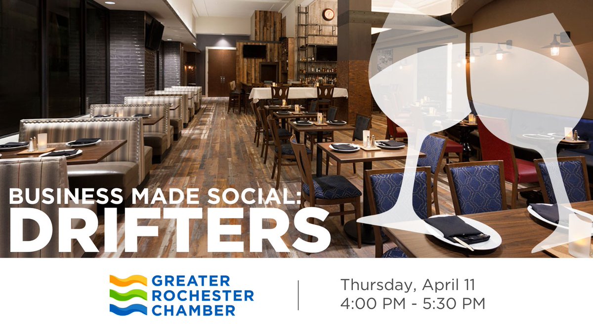 Join us next week for a #BusinessMadeSocial happy hour at Drifters! Located in the heart of downtown Rochester, bring your team to enjoy food, drink, and networking with fellow Greater Rochester Chamber members. Learn more & register: my.greaterrochesterchamber.com/calendar/Detai…