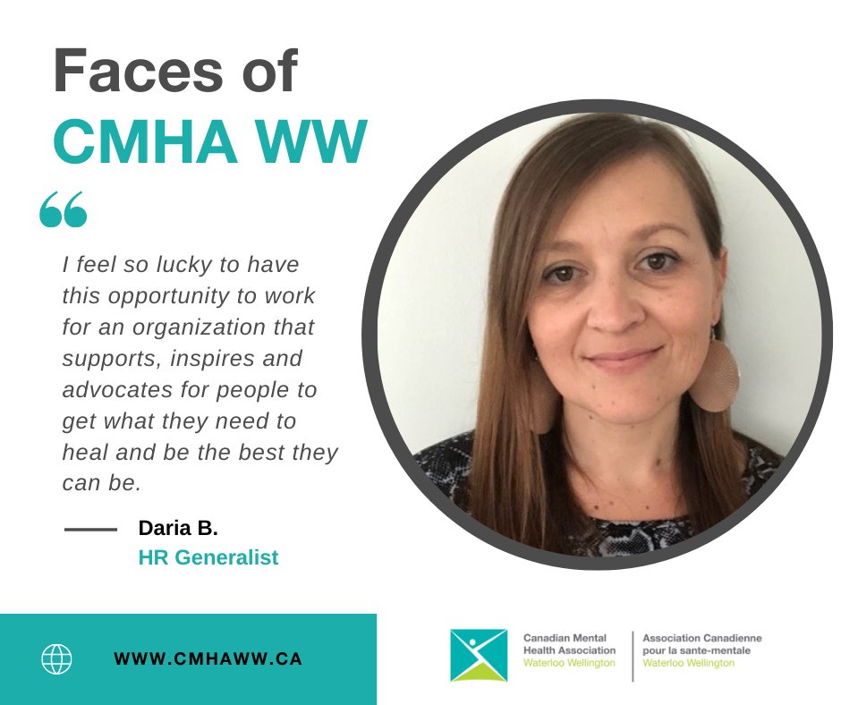 'I hope the work I do behind the scenes can continue to contribute to building an environment where staff feel appreciated and supported in the important work they do.' Learn more about Daria, HR Generalist through our Faces of CMHA WW series: cmhaww.ca/faces-of-cmha-…