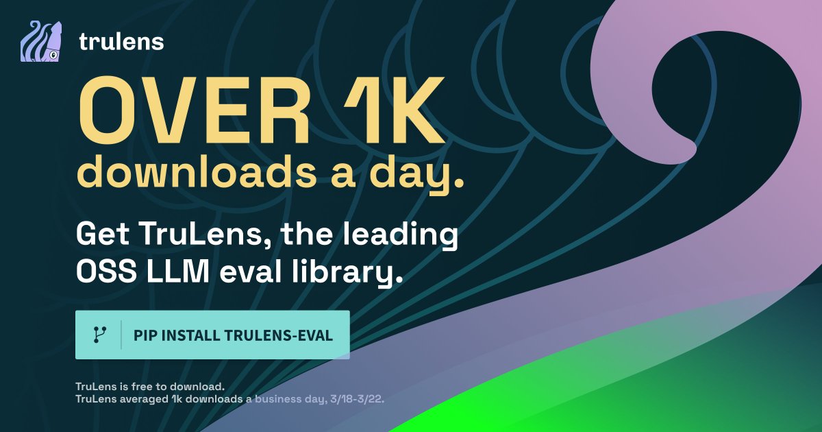 TruLens is the leading OSS #LLMeval library - over 1k downloads per day! If you've been testing your #LLMapp using 'vibe check' it's time to upgrade to TruLens for #LLMappeval. Build better LLM apps, faster.🌟 Check it: loom.ly/PBSsivc #LLMtesting #LLMOps #MLOps #RAG