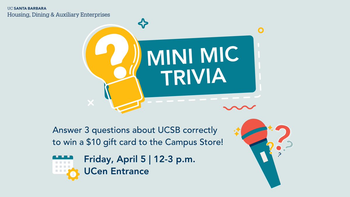 🌻Happy Spring Quarter #UCSB! To welcome you back to campus, we will be hosting a Mini Mic Trivia!

📅Join us this Friday, any time between 12-3 p.m.!
📍UCEN Entrance (near Storke Plaza)

#UCSantaBarbara #ucsbgauchos #ucsb2024 #ucsb2025 #ucsb2026 #ucsb2027