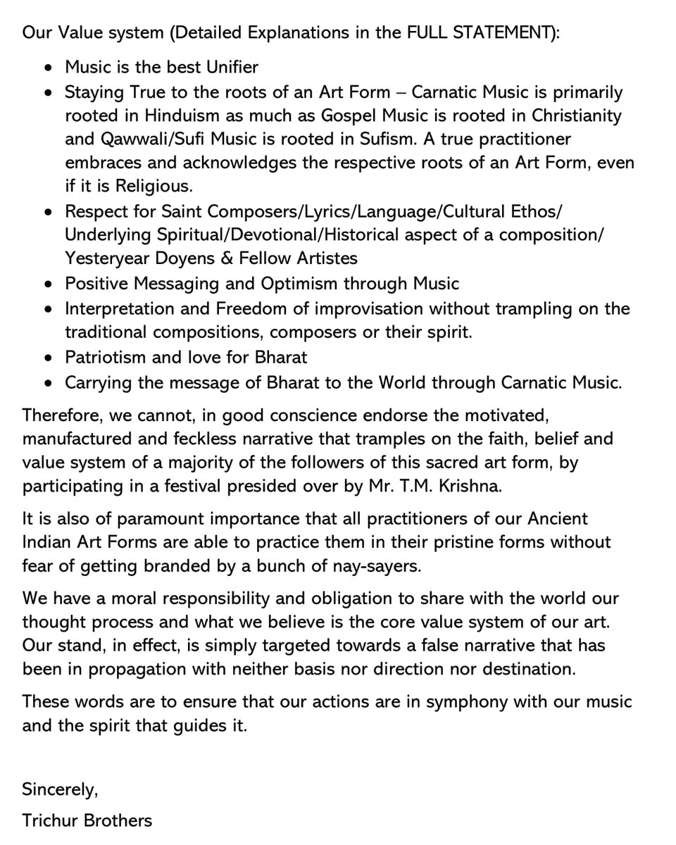 Dear Friends, As promised, here is our Closing Statement on the Issue (withdrawal from performing at the Music Academy Season 2024) - 'Abridged Version' Full and Detailed Statement will follow shortly. Much Love, Trichur Brothers