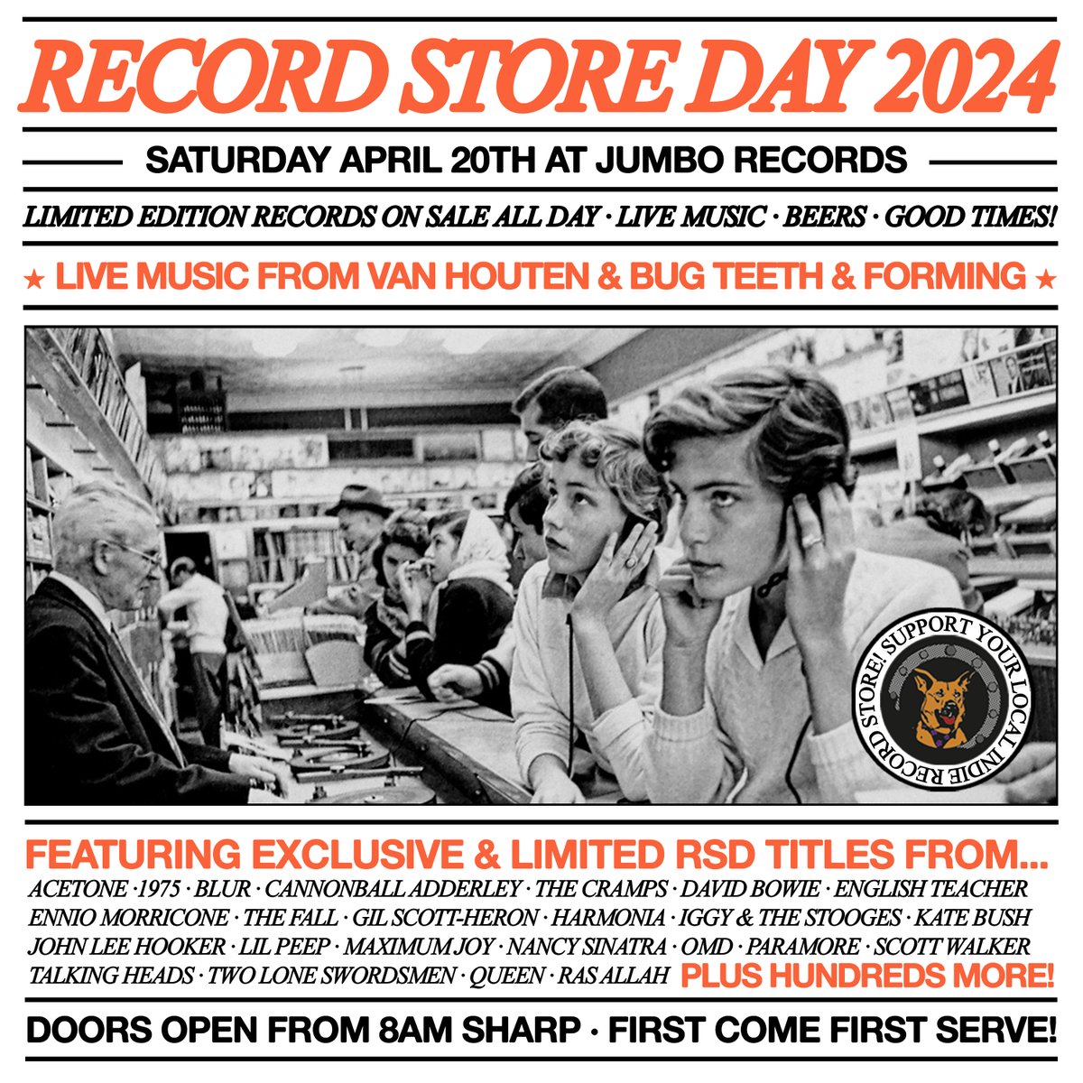 Here we go then! Here’s how our RSD is looking this year. As well as selling all the RSD exclusives, we’re delighted to be joined by Van Houten, Bug Teeth and Forming for an afternoon of live music in the shop. We’ll be selling beers, the atmosphere will be great!