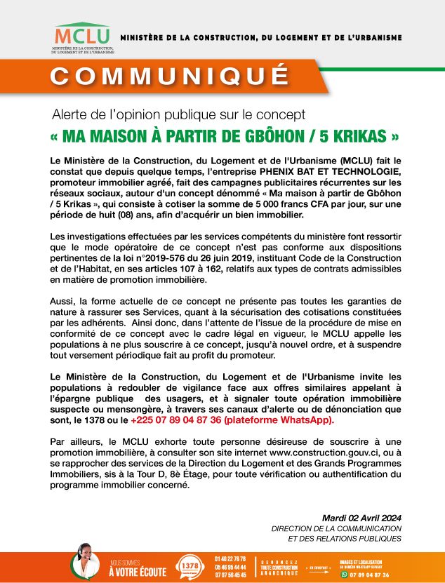 #Communiqué | Le Ministère de la Construction, du Logement et de l’Urbanisme alerte l’opinion publique.