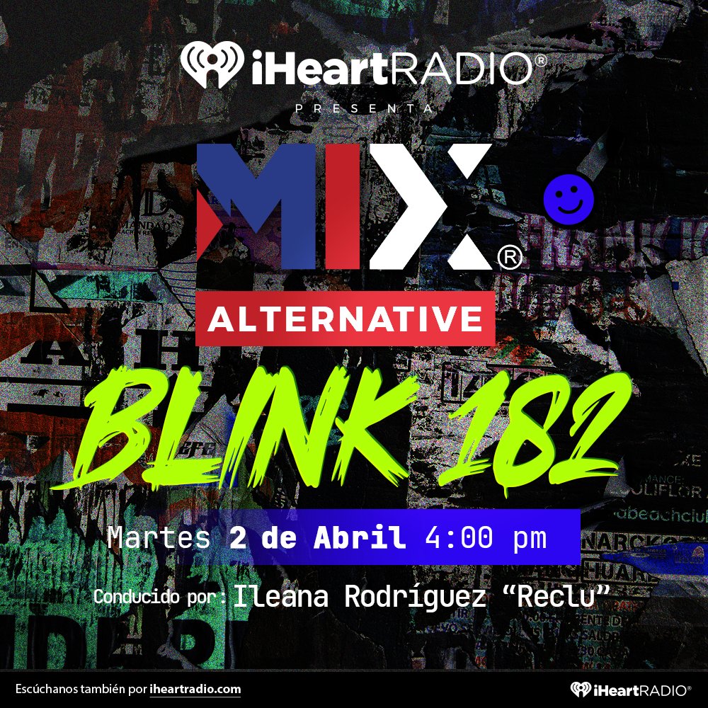 MixMxOficial's tweet photo. ¿Listos para el pop punk? Estamos por iniciar el especial #MixAlternative de @blink182 en compañía de @reclu por toda la cadena #MixMixMix. 

👉https://t.co/CwpOUZStiW https://t.co/kMqMldGAZa