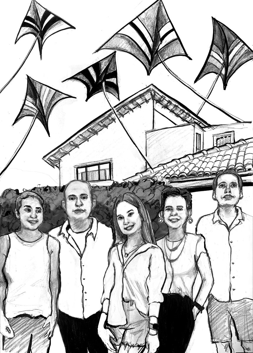 Finished sketch of the Kutz family standing in front of their home. They used to host an annual kite festival for peace, so I added kites for each of them. Will turn this into a finished painting within a week or so. #amyisraelchai #October7 #kutzfamily #kitefestival