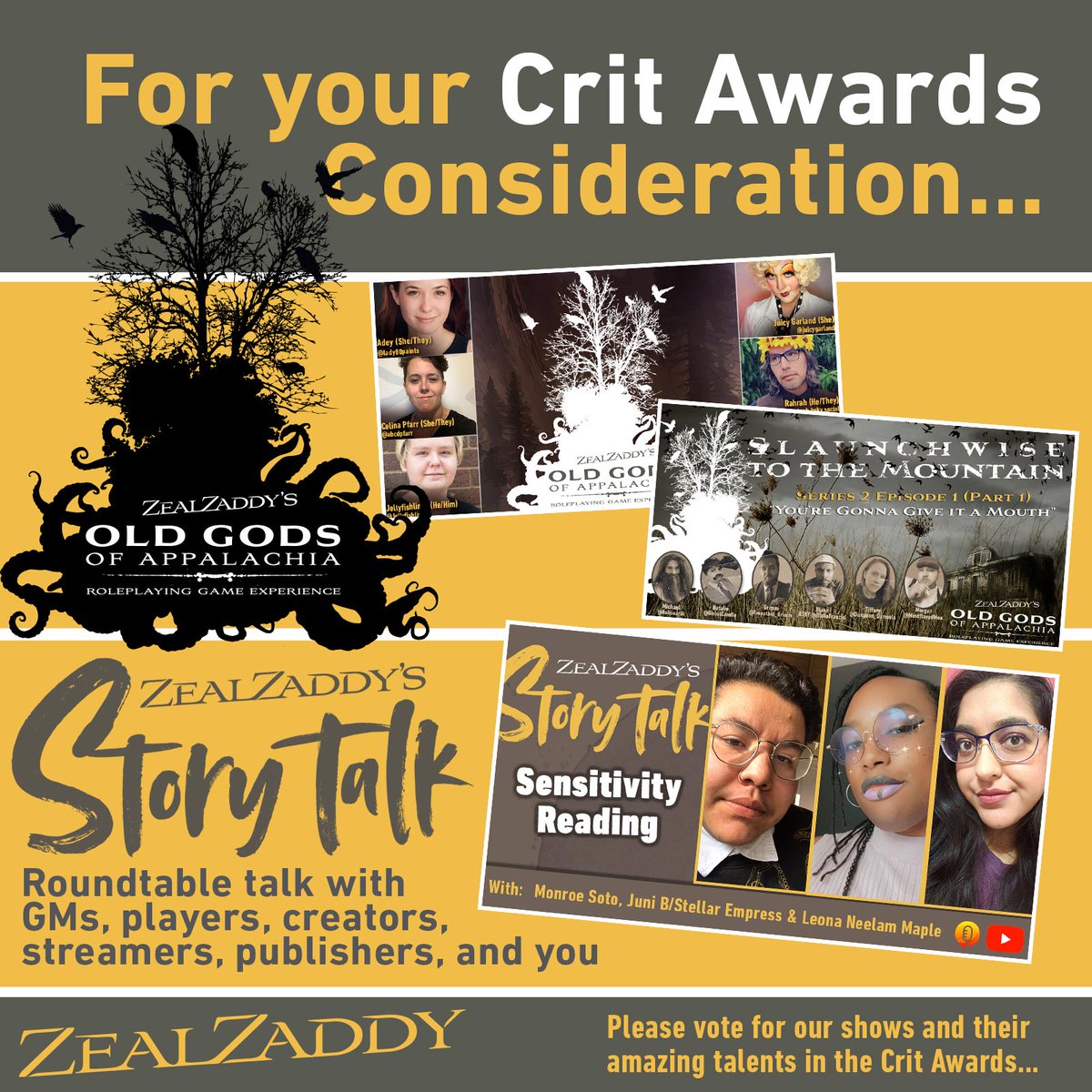 ZealZaddy ➡️ PAXU (@zealzaddy) on Twitter photo For CritAwards consideration
StoryTalk youtu.be/hgm-1UzfF-Y
OG S1 youtu.be/43tSOrijb8Q
OG S2 youtu.be/cPEMOk9fMgw
<a href="/rahrahstorytime/">Rahrah 🟦☁️</a> <a href="/JuicyGarland/">Juicy Garland</a> <a href="/Lady80paints/">Lady 80</a> <a href="/Jellyfishlines/">🪼Jellyfishlines 🔜 Big Bad Con? 🪼</a> @abcdpfarr <a href="/Empathic_Grimm/">TR_Grimm</a> <a href="/MindflayedMon/">Mindflayed #ProDM #WeaveRacingChamp'22 & '23🔜PAXU</a> <a href="/Dungeon_Damsels/">Tiffytan</a> <a href="/robosardi/">Robosardi</a> <a href="/GhostCandle/">N.D Chenard 🇨🇦♠️ | 🔜 BigBadCon</a> Blake Francis For CritAwards consideration
StoryTalk youtu.be/hgm-1UzfF-Y
OG S1 youtu.be/43tSOrijb8Q
OG S2 youtu.be/cPEMOk9fMgw
<a href="/rahrahstorytime/">Rahrah 🟦☁️</a> <a href="/JuicyGarland/">Juicy Garland</a> <a href="/Lady80paints/">Lady 80</a> <a href="/Jellyfishlines/">🪼Jellyfishlines 🔜 Big Bad Con? 🪼</a> @abcdpfarr <a href="/Empathic_Grimm/">TR_Grimm</a> <a href="/MindflayedMon/">Mindflayed #ProDM #WeaveRacingChamp'22 & '23🔜PAXU</a> <a href="/Dungeon_Damsels/">Tiffytan</a> <a href="/robosardi/">Robosardi</a> <a href="/GhostCandle/">N.D Chenard 🇨🇦♠️ | 🔜 BigBadCon</a> Blake Francis
