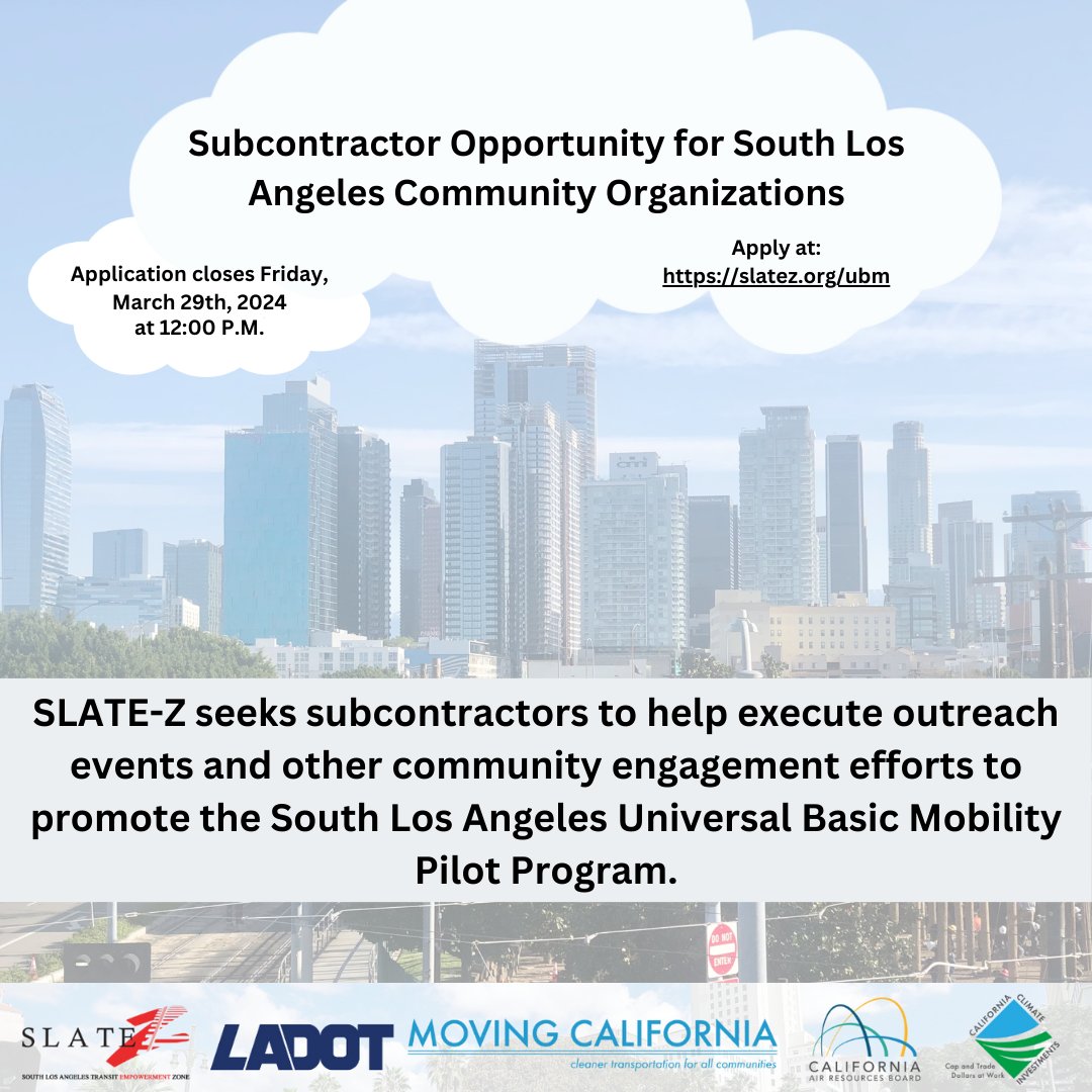 SLATE-Z (@la_slatez) on Twitter photo SLATE-Z RFP CBO Ambassador Program
DEADLINE EXTENDED - Wednesday, April 3, 2024.
Application Link: slatez.org/ubm
SLATE-Z is seeking CBOs in South Los Angeles to serve as CBO Ambassadors for the STEP UMB project.
To learn more, contact: Ruth Morales ruth@slatez.org SLATE-Z RFP CBO Ambassador Program
DEADLINE EXTENDED - Wednesday, April 3, 2024.
Application Link: slatez.org/ubm
SLATE-Z is seeking CBOs in South Los Angeles to serve as CBO Ambassadors for the STEP UMB project.
To learn more, contact: Ruth Morales ruth@slatez.org