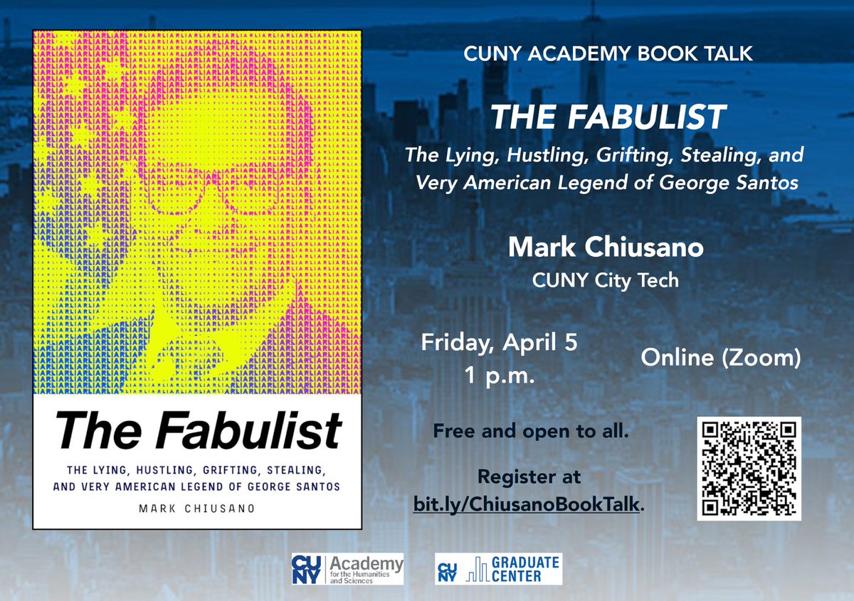 This Friday April 5 at 1pm, for our next Book Talk we are thrilled to welcome writer, reporter and City Tech lecturer @mjchiusano for a discussion of his latest book, 'The Fabulist.' Join us! gc.cuny.edu/events/book-ta…