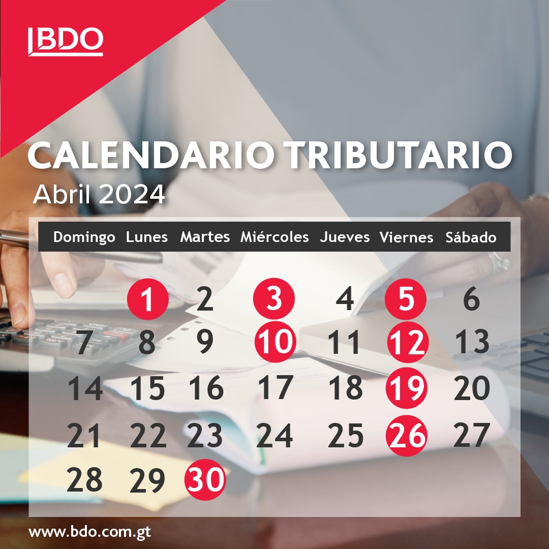 BDOGuate's tweet photo. #CalendarioTributaroAbril2024 🔔

Compartimos las fechas importantes de abril para cumplir con las obligaciones tributarias en Guatemala.

#BDOenGuatemala #Auditoría #Impuestos #SATGuatemala #Outsoursing https://t.co/1N2NXnzzys