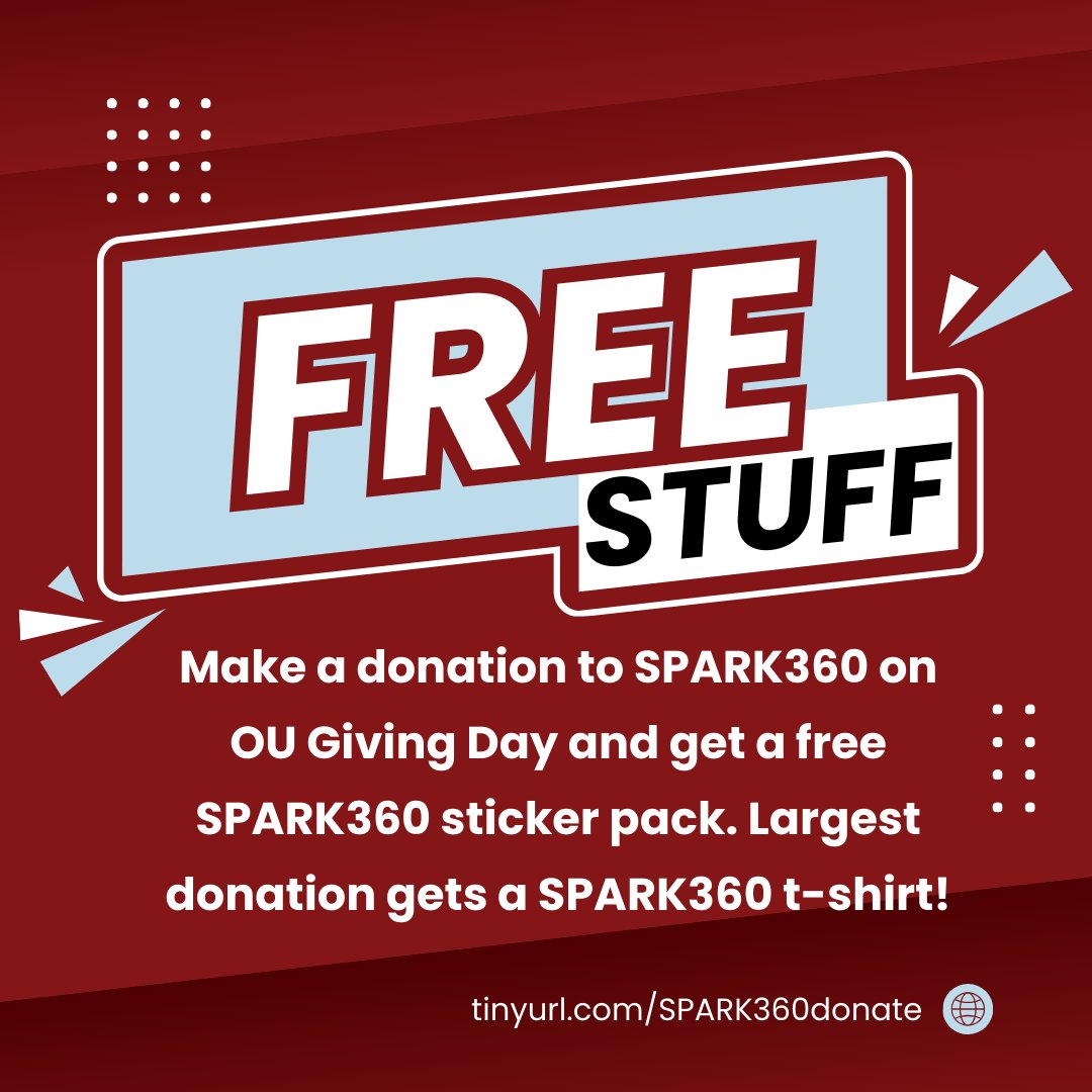 spark360_OU's tweet photo. $10+ donation gets FREE SPARK360 sticker pack! DM us w/ donated amt &amp; address. Most $ gets SPARK360 tee!

https://t.co/e3qVpZRIJU> Other Funds>Other not listed>SPARK360

#inclusiveou #boomersooner #AutismSupport #OUGivingDay 

@zarrowinstitute @oueducation @OU_foundation_ https://t.co/eFPFXIJyz9