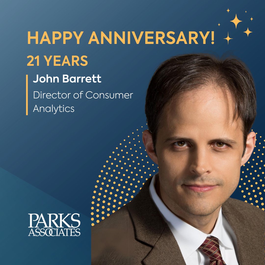 Happy Anniversary, John Barrett! 🎉 Join us in congratulating John Barrett, Director of Consumer Analytics at Parks Associates, for 21 years with Parks Associates! Cheers to you, John, on this special anniversary! 🥂 #ParksAssociates #ParksResearch #Anniversary #Leadership