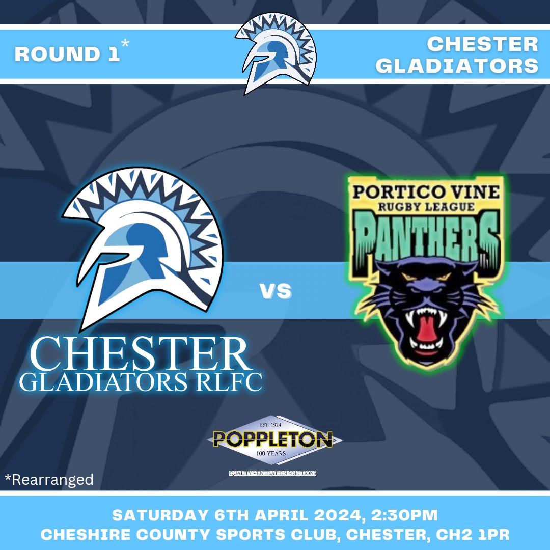 🚨UP NEXT🚨

After the Easter break, the Gladiators are back in action on Saturday as we take on Portico Vine in our rearranged round 1 game.

Please note, this fixture has also been reversed to a Home game. 

Come down and show your support.

#WeAreChester
