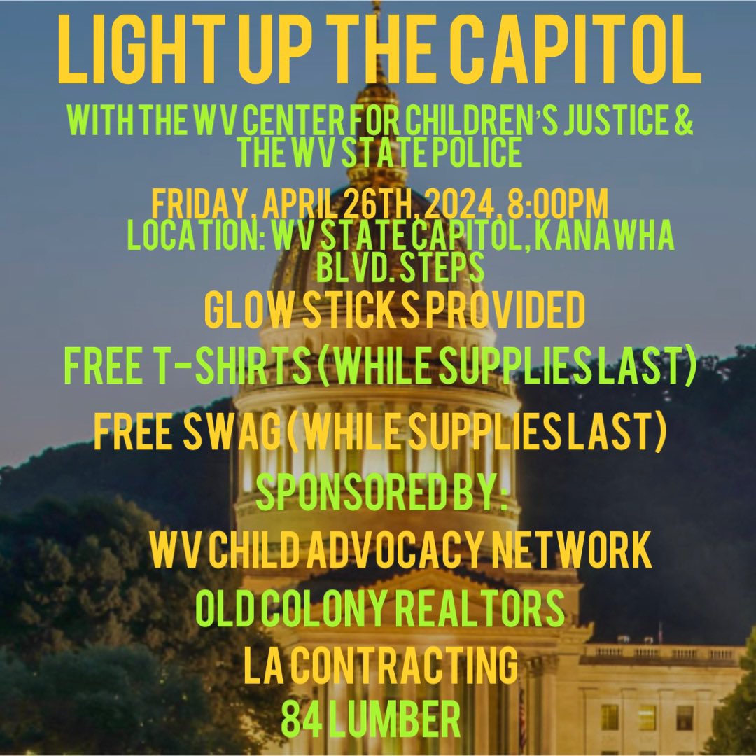 Come join us as we Light Up The Capitol for Child Abuse Prevention! Friday, April 26th, at 8:00pm. 
We had some local heroes purchase 200 T-shirts and other swag. All free (while supplies last). So a huge heartfelt thank you!