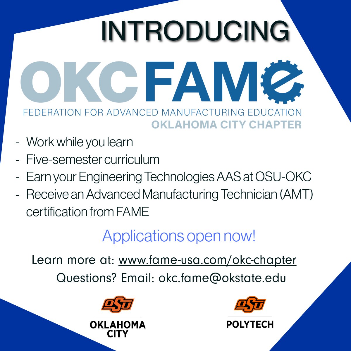 🚀 Launch your engineering career with OKC-FAME <a href="/OSUOKC/">OSU-Oklahoma City</a> !
✅ Earn &amp; Learn: Get paid as you learn. 🔧 Hands-On: Experience real-world engineering from day one.
Apply now and engineer your success with us! tinyurl.com/yc3mc3vm #OKCFAME #EngineeringSuccess #OSUOKC <a href="/okcchamber/">Greater OKC Chamber</a>